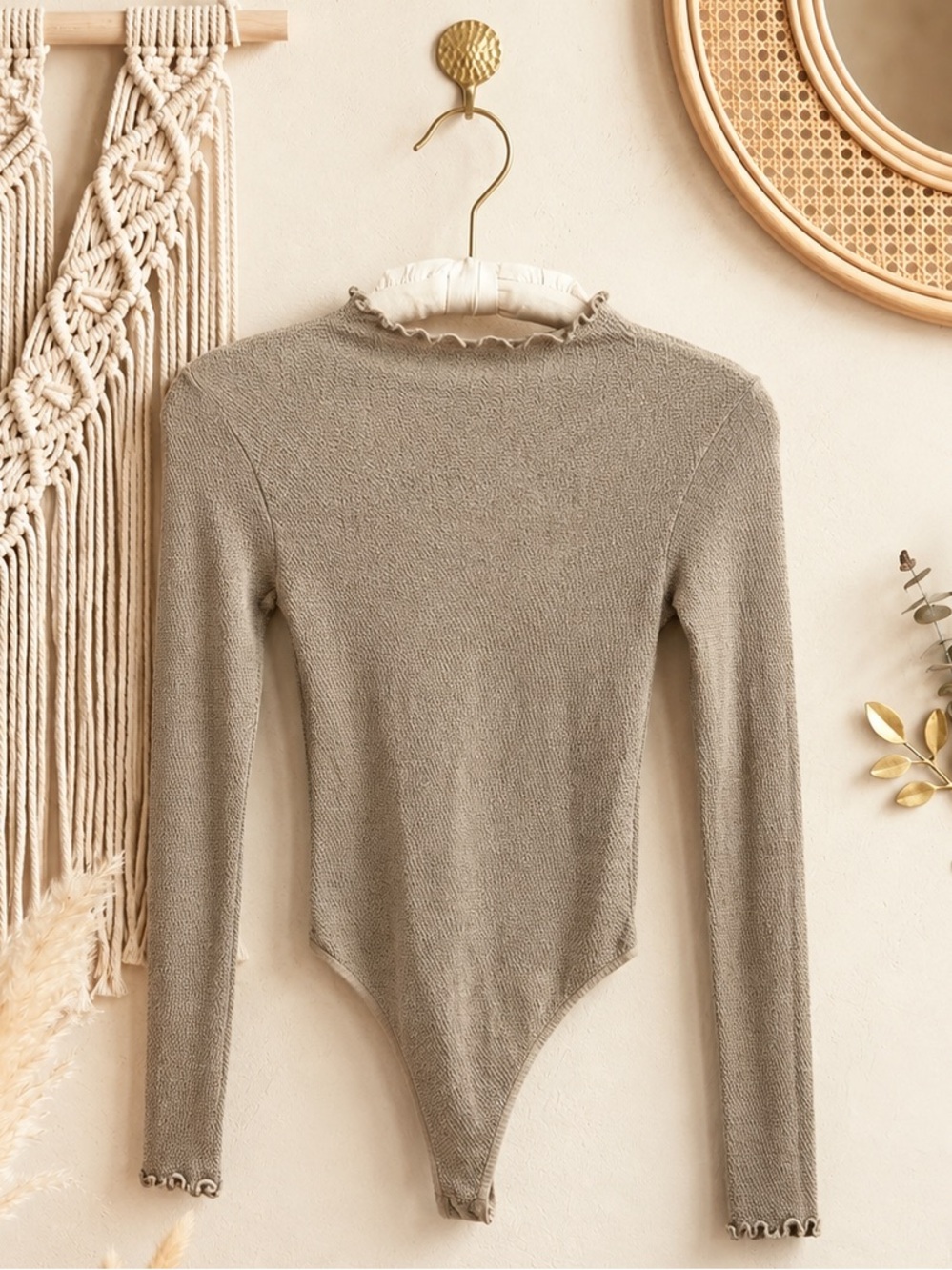 NWT Free People Intimately Taupe Beige Ruffle Trim Long Sleeve Bodysuit